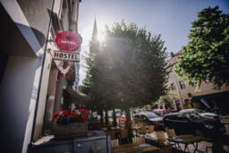 In front of the hostel door